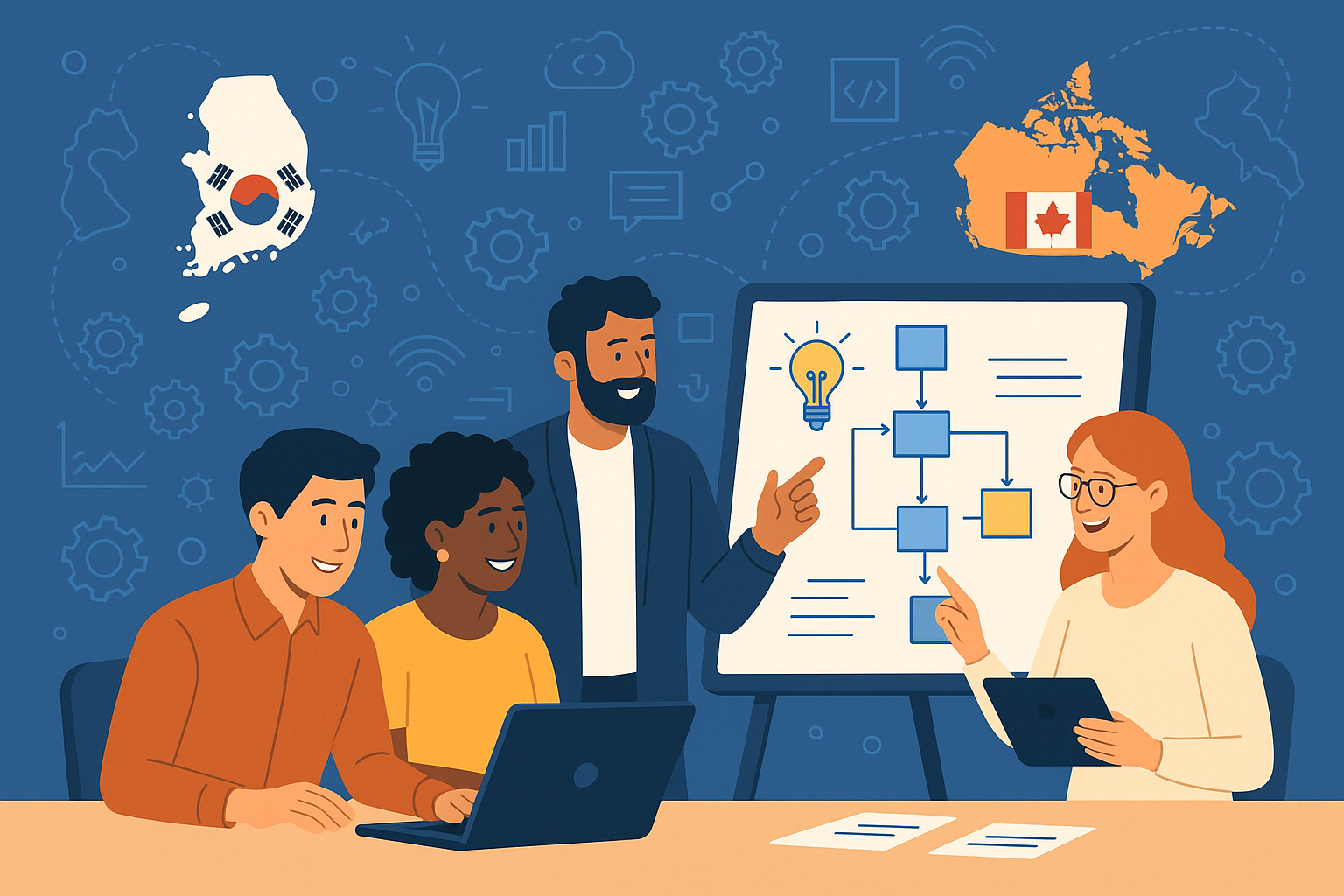 Korean software engineers collaborating in a meeting room